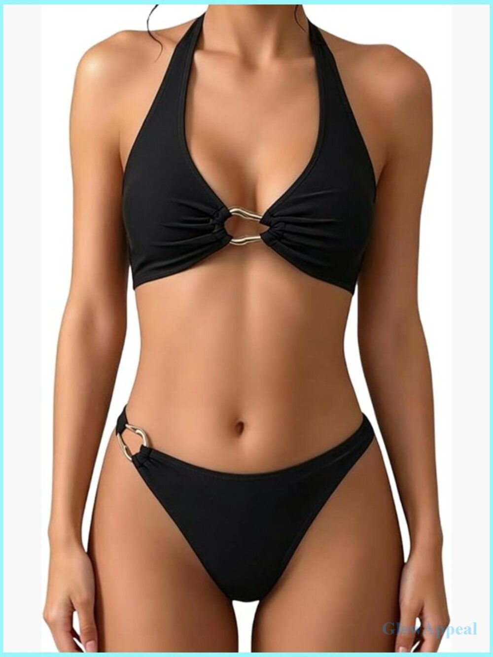 Halter Bikini Set V Neck Ring Linked Two Piece High Stretch Beach Swimsuit